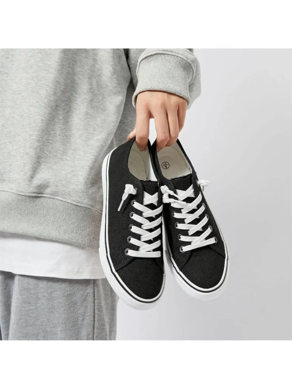 Women's Black Low Top Lace Up Canvas Solid Slip On Casual Loafer Sneaker Shoes
